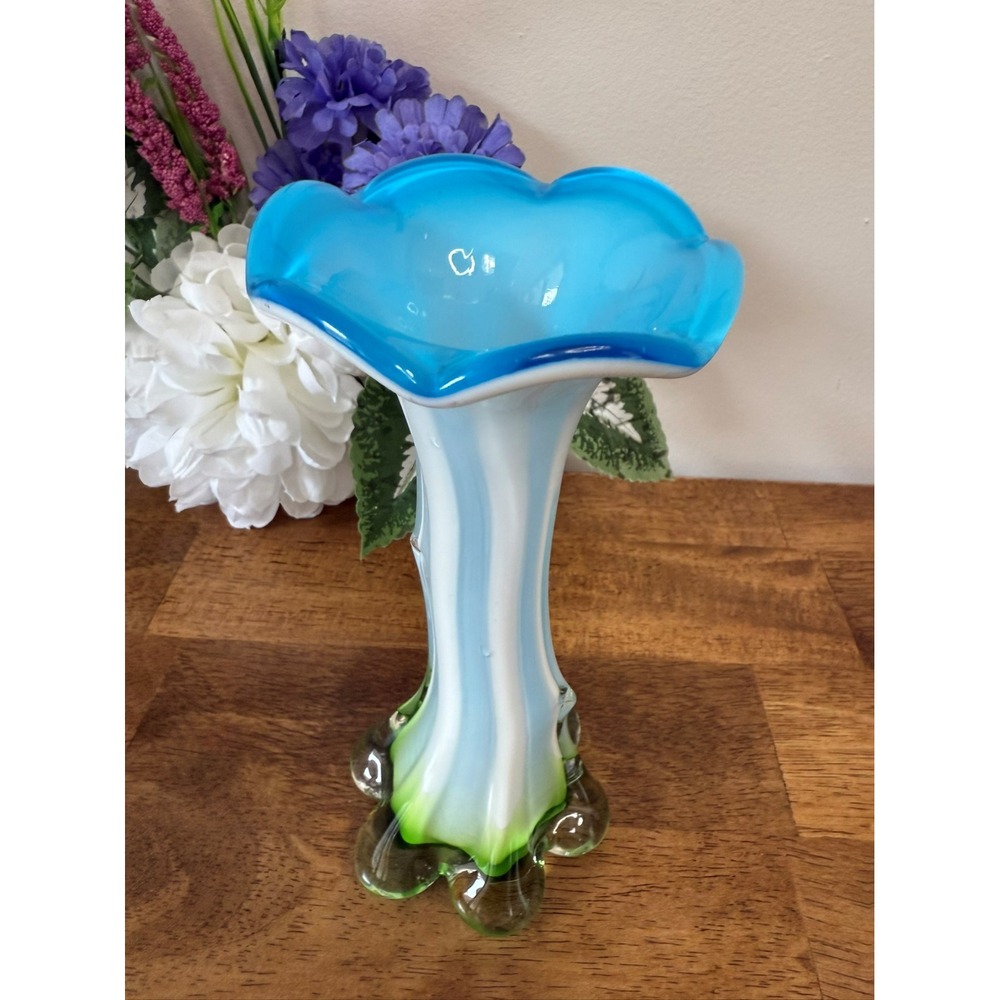 Vintage Hand-Blown‎ Cased Glass Vase Blue White Green Ruffled Rim